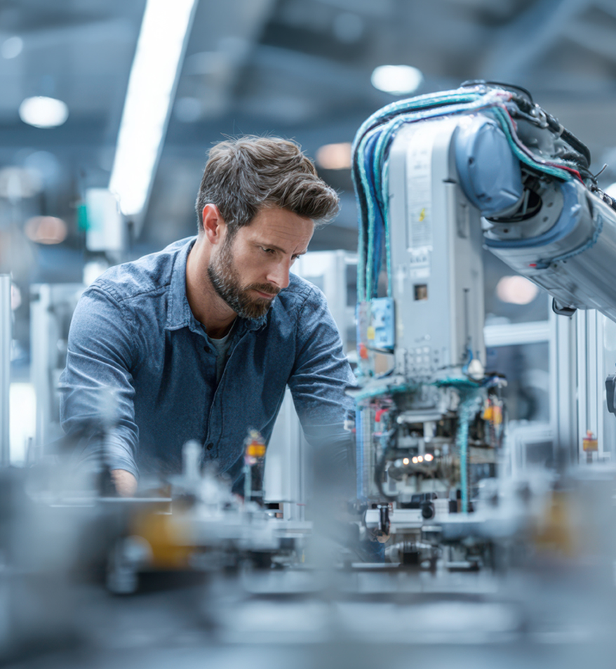 Mann neben einem Industrieroboter in einer Werkhalle